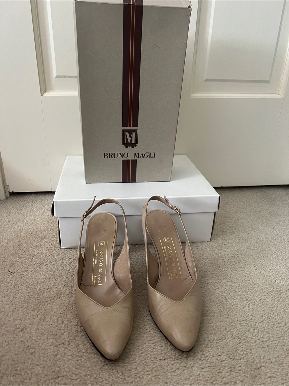 Bruno Magli Beige Pointed-Toe Slingback Mules